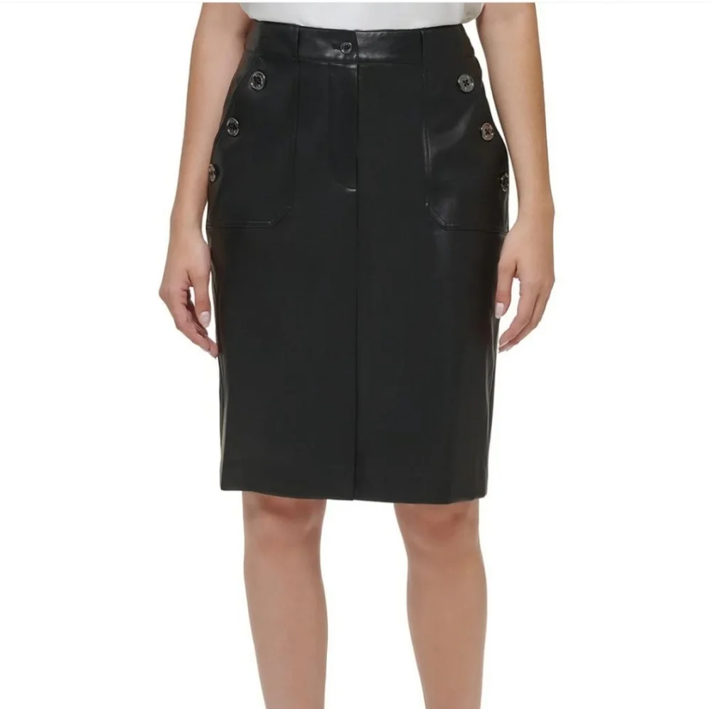 Tommy Hilfiger Black Sailor Style Faux-Leather Knee-Length Skirt Sz 12 NWOT